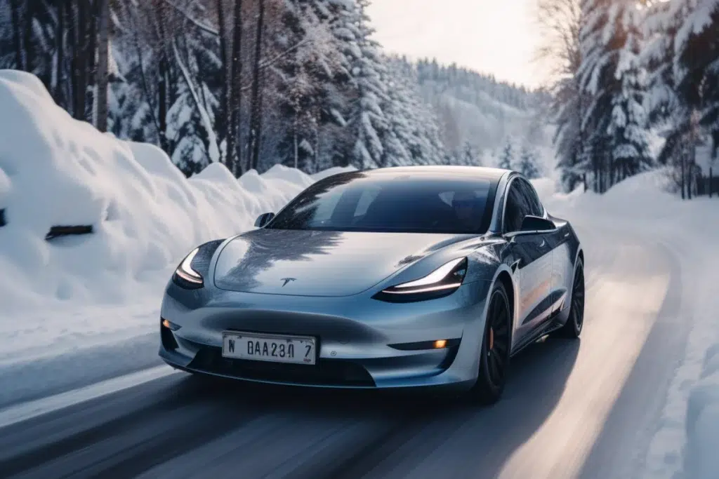 Tesla qui roule sur du verglas et de la neige